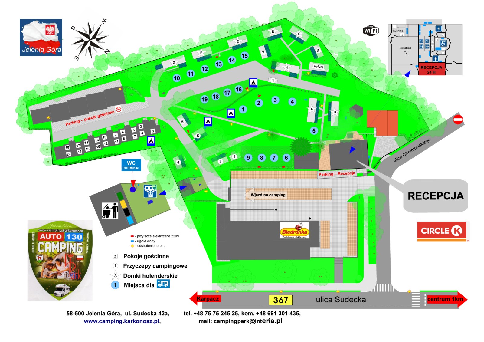 Plan Auto-Camping Park w Jeleniej Górze — rozmieszczenie pokoi, domków, przyczep i stanowisk kamperowych